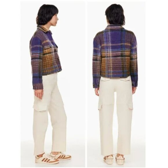 Aritzia Wilfred Free Clarence Violet Purple Plaid Autumn Cropped Shirt Jacket - Picture 4 of 14